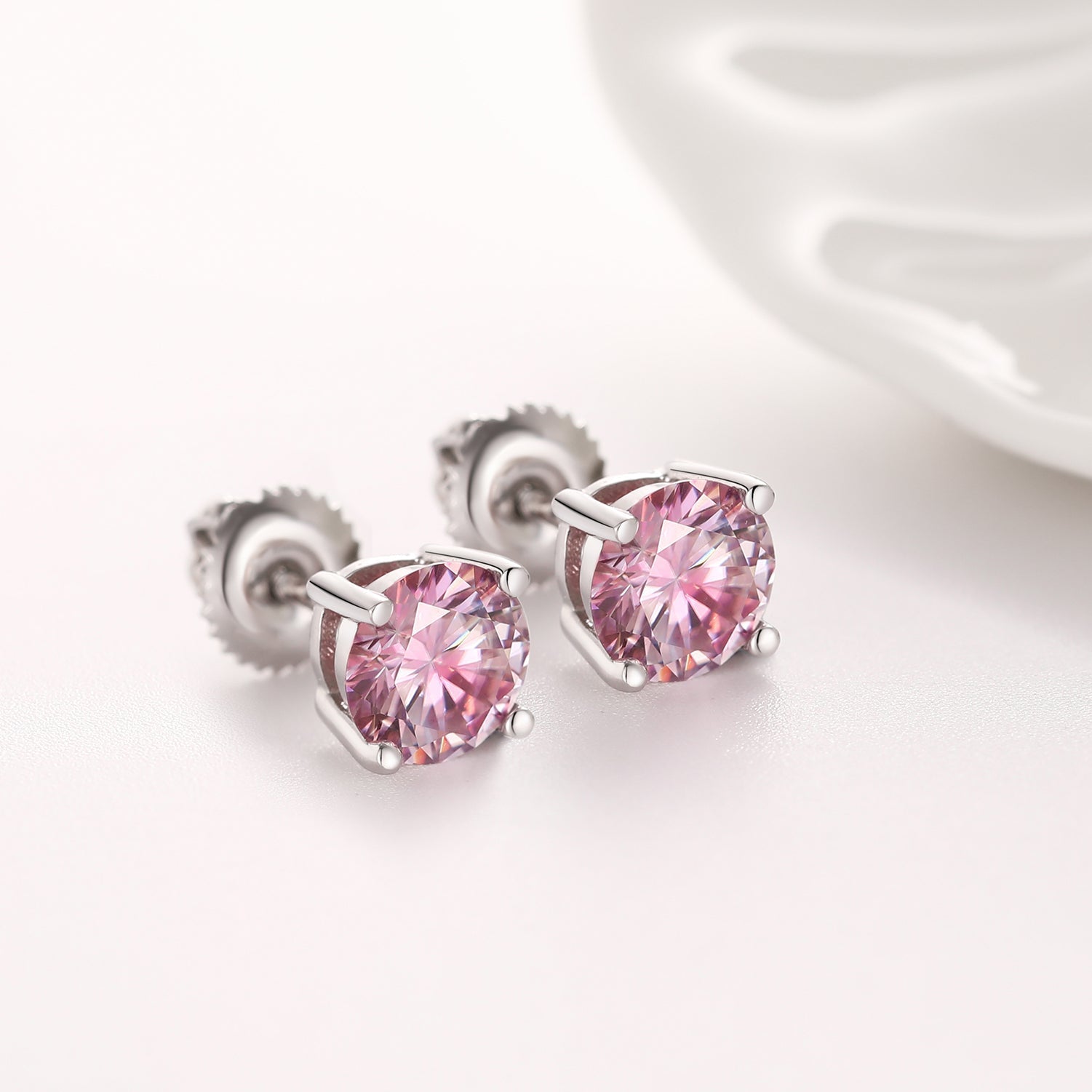 PINK VVS ROUND 1CT EARRINGS  - White Gold Vermeil